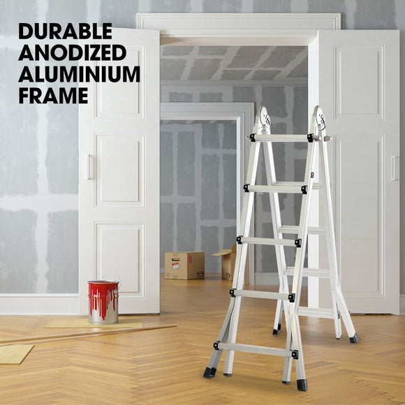 Bullet 5.1m Folding Aluminium Multipurpose Ladder, w/ Workshelf Platform, Spring Assisted Rapid Safety Lock Adjusters - RnR Galore
