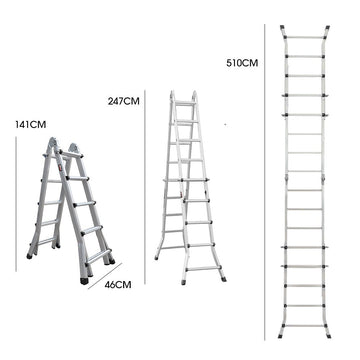 Bullet 5.1m Folding Aluminium Multipurpose Ladder, w/ Workshelf Platform, Spring Assisted Rapid Safety Lock Adjusters - RnR Galore