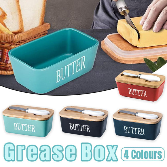 Butter Box with Knife Rectangular Cheese Container with Wooden Lid for Kitchen - Green - RnR Galore