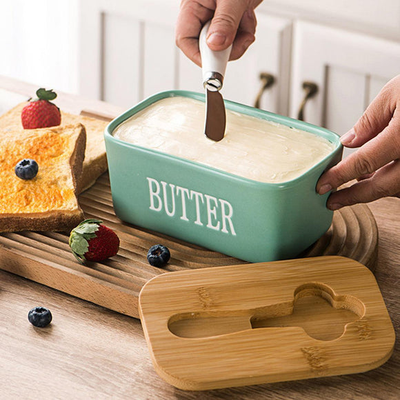 Butter Box with Knife Rectangular Cheese Container with Wooden Lid for Kitchen - Red - RnR Galore