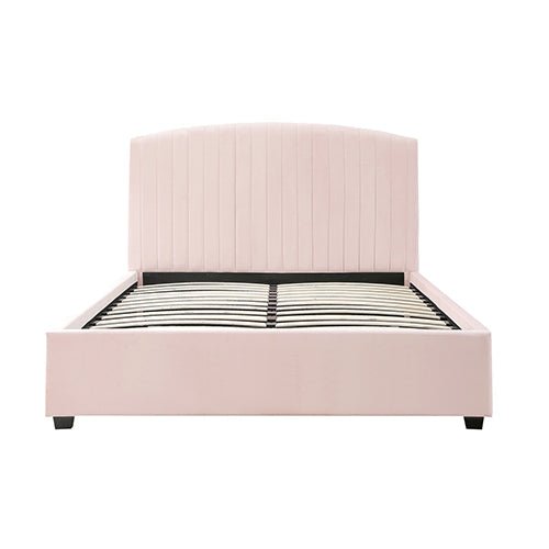 Camelia Double Size Bed Frame Pink Velvet Upholstery High Headboard Quality Slats Metal Structure - RnR Galore