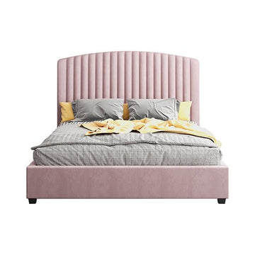 Camelia King Single Size Bed Frame Pink Velvet Upholstery High Headboard Quality Slats Metal Structure - RnR Galore