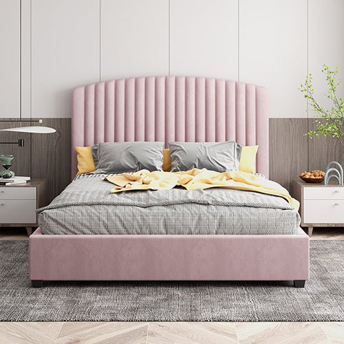 Camelia Queen Size Bed Frame Pink Velvet Upholstery High Headboard Quality Slats Metal Structure - RnR Galore
