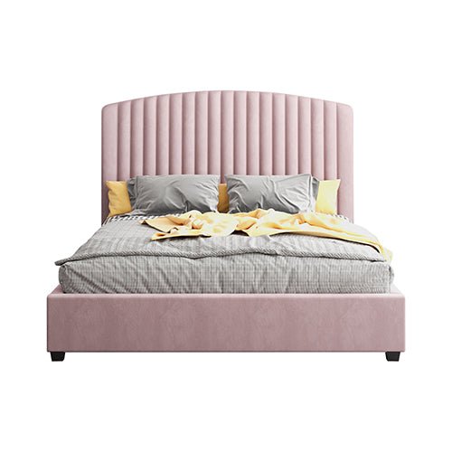 Camelia Queen Size Bed Frame Pink Velvet Upholstery High Headboard Quality Slats Metal Structure - RnR Galore