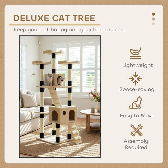 CARLA HOME 180cm Cat Tree Tower for Indoor Cats with Dual Condos, Plush Perches, Sisal Scratching Posts & Ramps for Kittens & Adult Cats (Beige) - RnR Galore