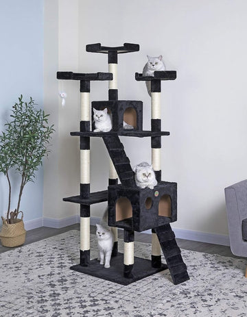 CARLA HOME 180cm Cat Tree Tower for Indoor Cats with Dual Condos, Plush Perches, Sisal Scratching Posts & Ramps for Kittens & Adult Cats (Black) - RnR Galore