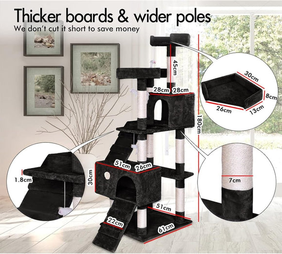 CARLA HOME 180cm Cat Tree Tower for Indoor Cats with Dual Condos, Plush Perches, Sisal Scratching Posts & Ramps for Kittens & Adult Cats (Black) - RnR Galore
