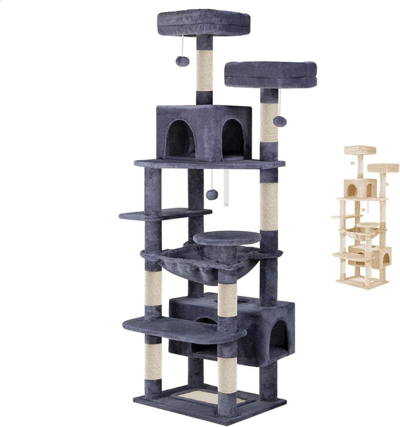 CARLA HOME 180cm Cat Tree Tower for Indoor Cats with Plush Perches, Dual Condos, Natural Sisal Scratching Posts & Ramps for Kittens & Adult Cats (Grey) - RnR Galore
