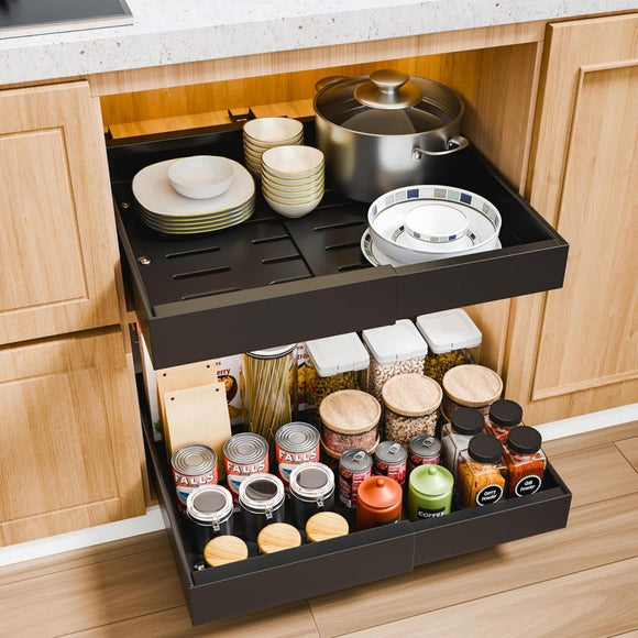 CARLA HOME 2 Pack Pull Out Cabinet Organizer Expandable for Cabinets with Adjustable Slide Out Shelves and Easy Installation (Black) - RnR Galore