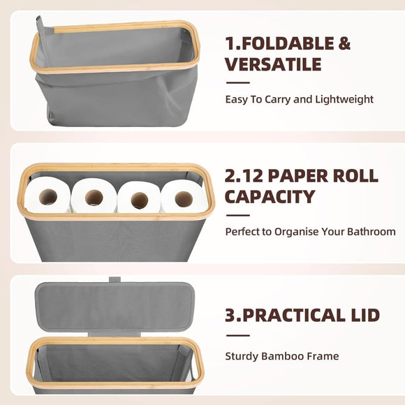 CARLA HOME 2 pack Toilet Paper Storage Basket Holds Up to 12 Rolls with Bamboo Lid and Handle for RV Closet (Grey) - RnR Galore