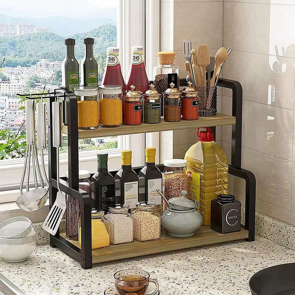 CARLA HOME 2 - Tier Wooden Kitchen Countertop Spice Rack for Storage of Condiments, Oils, Jars & Seasoning Bottles - RnR Galore