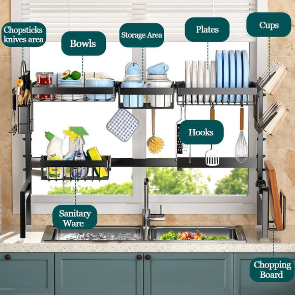 CARLA HOME Adjustable Over the Sink Dish Drying Rack with Utensil Holder, Hooks & Cutting Board Rack for Kitchen Counter Storage - RnR Galore