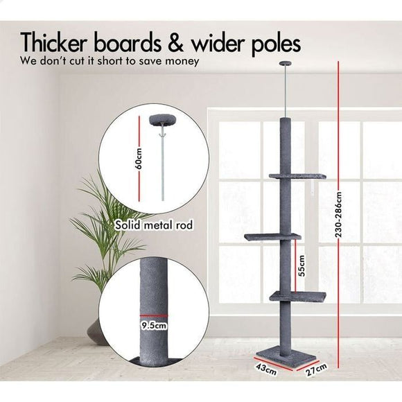 CARLA HOME Floor to Ceiling Cat Tree Tower with Adjustable Height 230 - 286cm for Indoor Cats (Grey) - RnR Galore