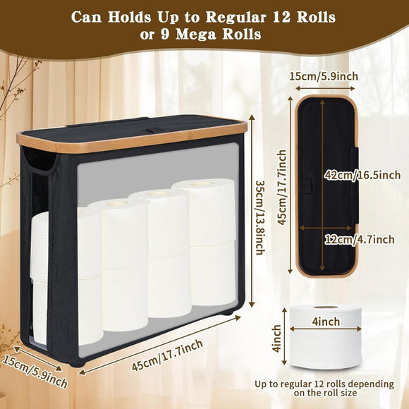 CARLA HOME Toilet Paper Storage Basket Holds Up to 12 Rolls with Bamboo Lid and Handle for RV Closet (Black) - RnR Galore