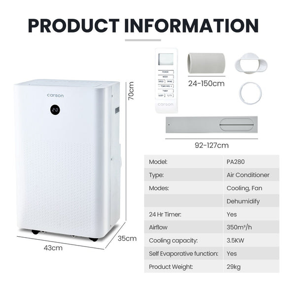 CARSON 3.5kW Portable Air Conditioner, with Dehumidifier Mode & Fan Cooler - RnR Galore