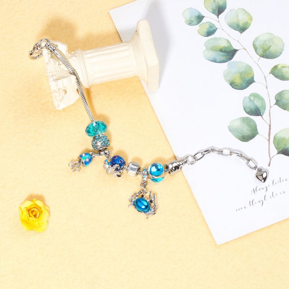 Cartoon Ocean Theme Bracelet with Octopus, Jellyfish, Crab Charms & Crystal Rhinestone Beads(18cm) - RnR Galore