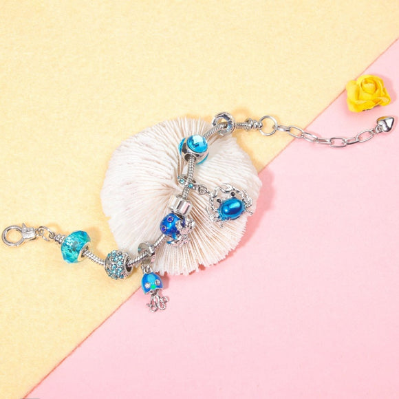 Cartoon Ocean Theme Bracelet with Octopus, Jellyfish, Crab Charms & Crystal Rhinestone Beads(19cm) - RnR Galore