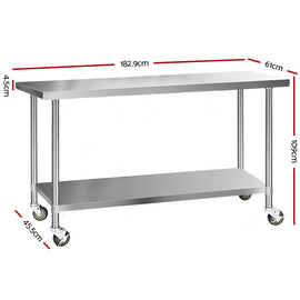 Cefito 430 Stainless Steel Kitchen Benches Work Bench Food Prep Table with Wheels 1829MM x 610MM - RnR Galore