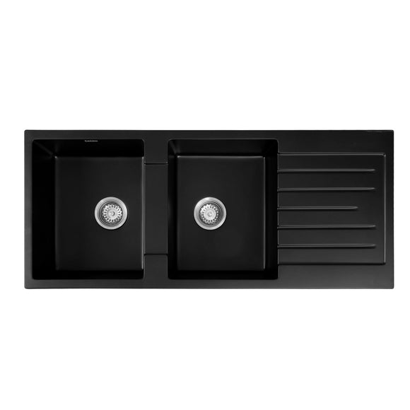 Cefito Kitchen Sink 116x50cm Granite Stone Sink Double Bowl Black - RnR Galore