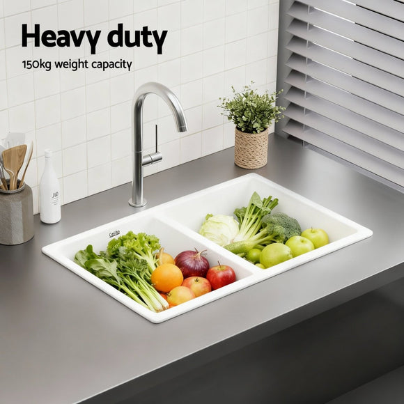 Cefito Kitchen Sink 77x45cm Granite Stone Sink Double Bowl White - RnR Galore