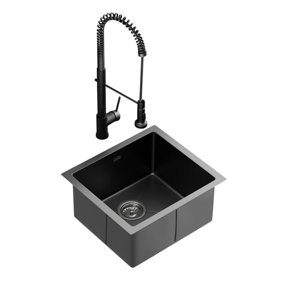 Cefito Stainless Steel Sink 51x45CM With Pull Out Mixer Tap Kitchen Single Bowl Black - RnR Galore