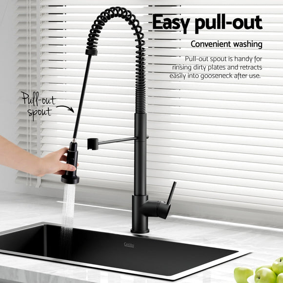 Cefito Stainless Steel Sink 70x45CM With Pull Out Mixer Tap Kitchen Basin Single Bowl Black - RnR Galore