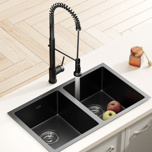 Cefito Stainless Steel Sink 77x45CM With Pull Out Mixer Tap Kitchen Double Bowl Black - RnR Galore