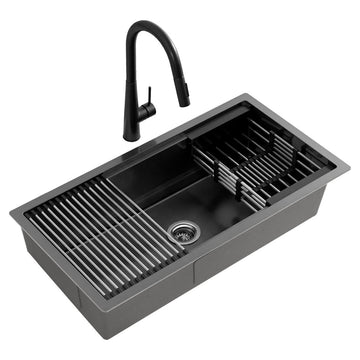 Cefito Stainless Steel Sink 81x45CM With Pull Out Mixer Tap Kitchen Basin Single Bowl Black - RnR Galore