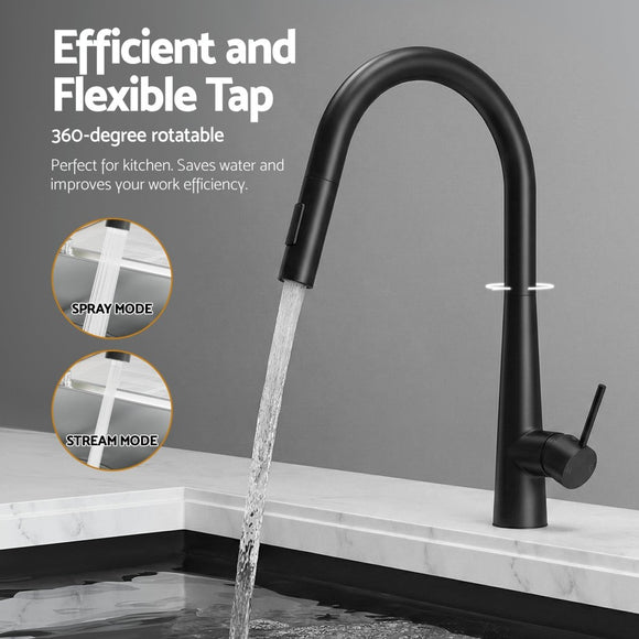 Cefito Stainless Steel Sink 81x45CM With Pull Out Mixer Tap Kitchen Basin Single Bowl Black - RnR Galore