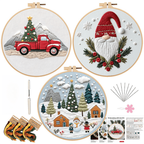 Christmas Embroidery DIY Kit with 20CM Faux Bamboo Hoop - Nordic Style Cross Stitch Material Pack (Style 4) - RnR Galore
