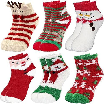 Christmas Socks - 6 Pairs Cozy Warm Fluffy Plush Bed Socks for Women, Girls - Cute Coral Fleece Xmas Indoor - RnR Galore