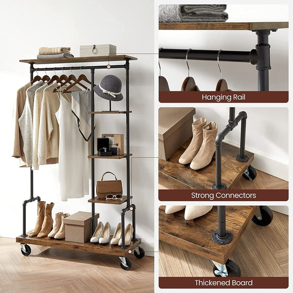 Clothing Garment Rack on Wheels with 5 - Tier, Industrial Pipe Style, Rustic Brown - RnR Galore
