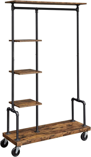 Clothing Garment Rack on Wheels with 5 - Tier, Industrial Pipe Style, Rustic Brown - RnR Galore