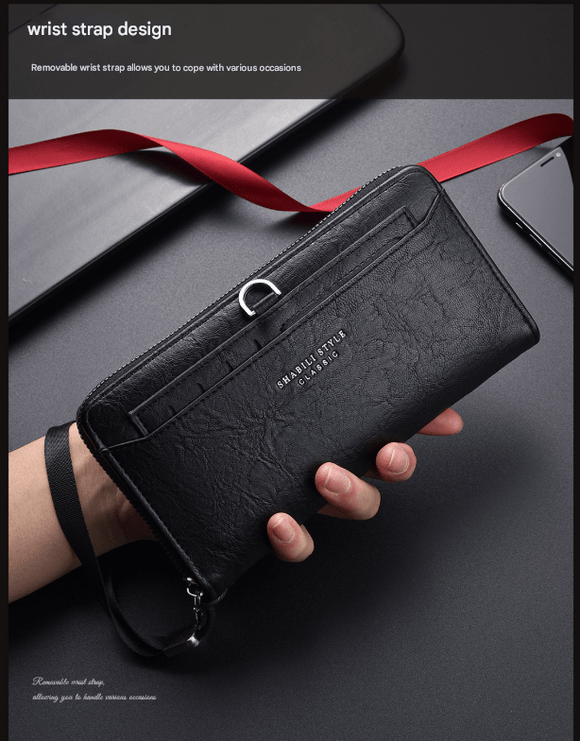 Coffee Classic Long Zipper Wallet Clutch - Large Capacity PU Leather Phone & Card Holder with Wrist Strap - RnR Galore