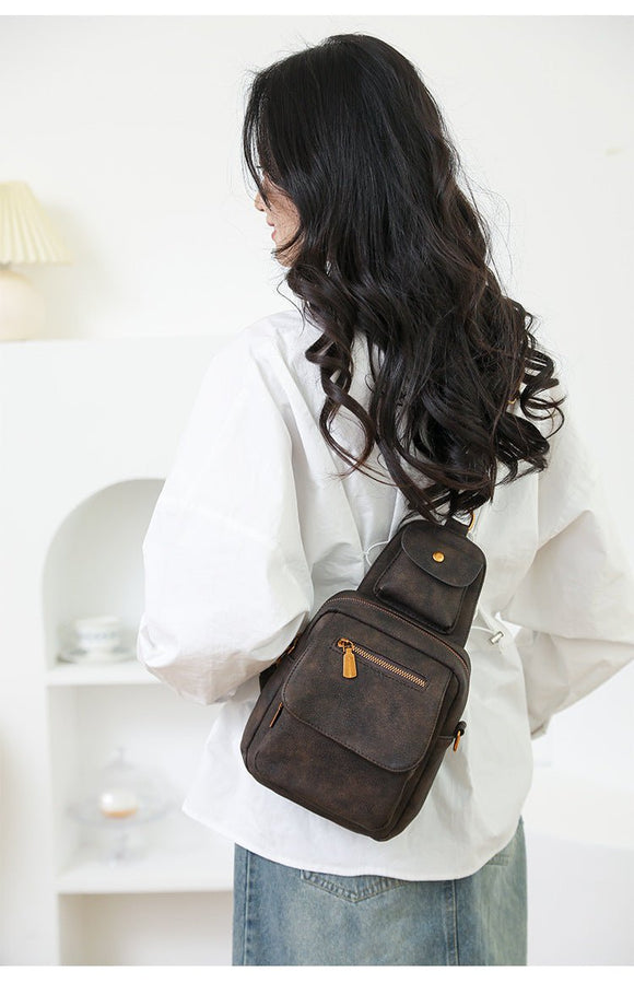 Coffee Stylish PU Leather Sling Crossbody Bag for Women - Multi - Pocket Chest Pack with Adjustable Wide Strap - RnR Galore