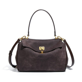 Coffee Women's Vintage Suede Satchel Bag - Elegant Top Handle Purse with Gold Lock - RnR Galore