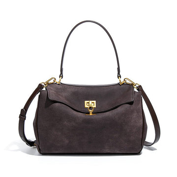 Coffee Women's Vintage Suede Satchel Bag - Elegant Top Handle Purse with Gold Lock - RnR Galore