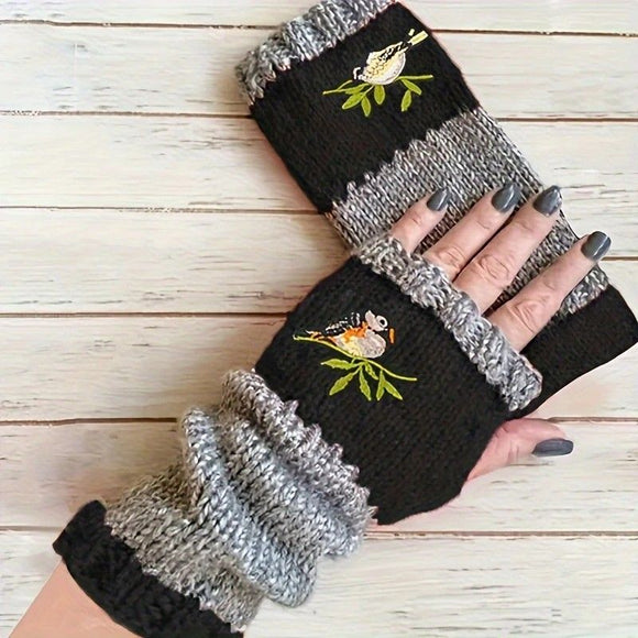 Color - Block Bird Embroidered Fingerless Knit Gloves – Warm, Flexible, Perfect for Daily Autumn/Winter Use, 8.5×22cm Stylish Practical Commute Hand - Warming Essential(black) - RnR Galore