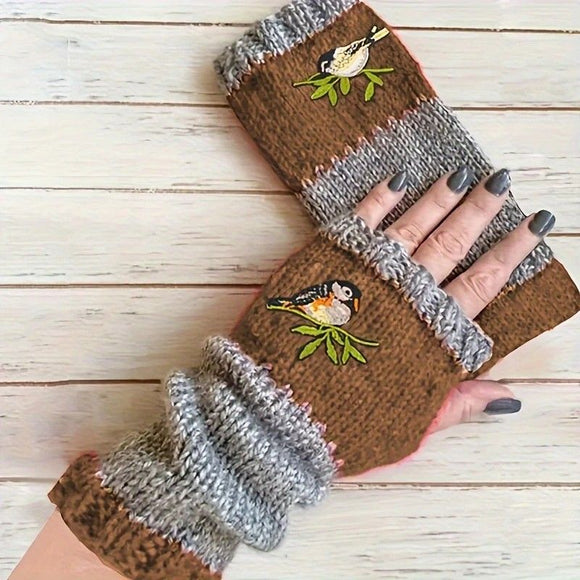 Color - Block Bird Embroidered Fingerless Knit Gloves – Warm, Flexible, Perfect for Daily Autumn/Winter Use, 8.5×22cm Stylish Practical Commute Hand - Warming Essential(dark red) - RnR Galore