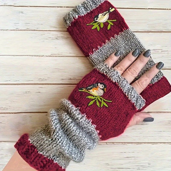 Color - Block Bird Embroidered Fingerless Knit Gloves – Warm, Flexible, Perfect for Daily Autumn/Winter Use, 8.5×22cm Stylish Practical Commute Hand - Warming Essential(dark red) - RnR Galore