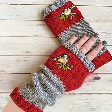 Color - Block Bird Embroidered Fingerless Knit Gloves – Warm, Flexible, Perfect for Daily Autumn/Winter Use, 8.5×22cm Stylish Practical Commute Hand - Warming Essential(GREEN) - RnR Galore