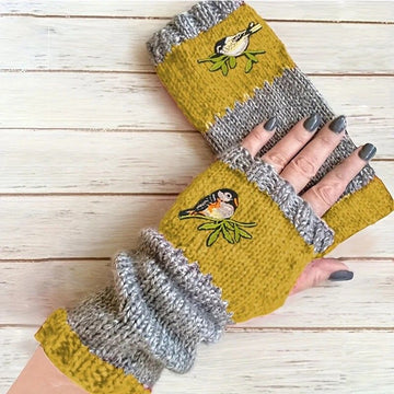 Color - Block Bird Embroidered Fingerless Knit Gloves – Warm, Flexible, Perfect for Daily Autumn/Winter Use, 8.5×22cm Stylish Practical Commute Hand - Warming Essential(GREEN) - RnR Galore