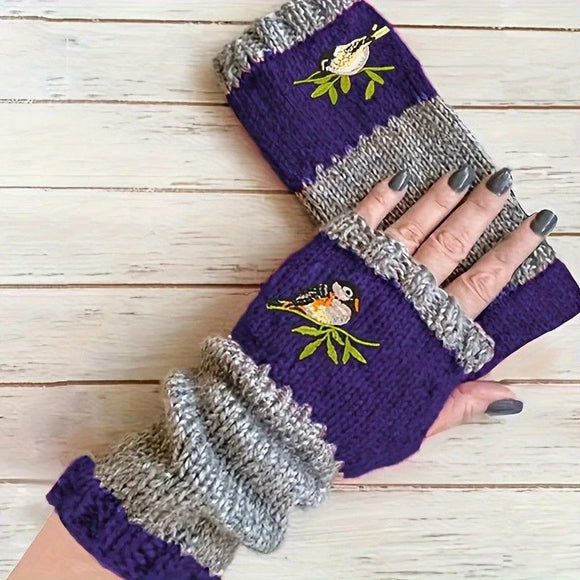 Color - Block Bird Embroidered Fingerless Knit Gloves – Warm, Flexible, Perfect for Daily Autumn/Winter Use, 8.5×22cm Stylish Practical Commute Hand - Warming Essential(GREEN) - RnR Galore
