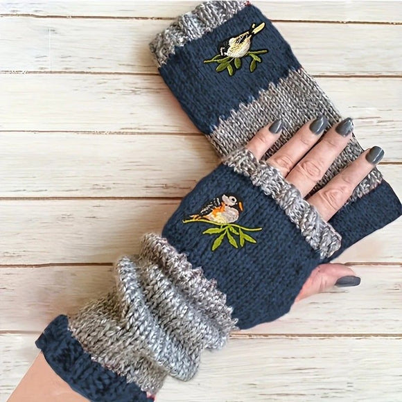 Color - Block Bird Embroidered Fingerless Knit Gloves – Warm, Flexible, Perfect for Daily Autumn/Winter Use, 8.5×22cm Stylish Practical Commute Hand - Warming Essential(purple) - RnR Galore