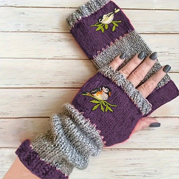 Color - Block Bird Embroidered Fingerless Knit Gloves – Warm, Flexible, Perfect for Daily Autumn/Winter Use, 8.5×22cm Stylish Practical Commute Hand - Warming Essential(purple) - RnR Galore