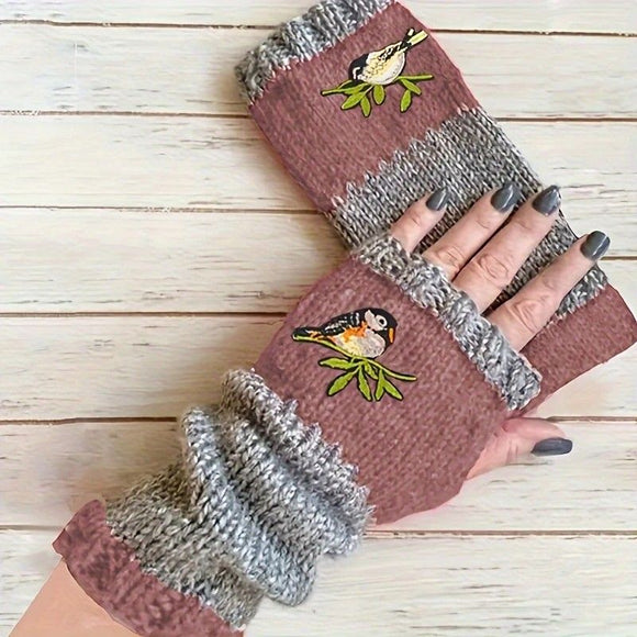 Color - Block Bird Embroidered Fingerless Knit Gloves – Warm, Flexible, Perfect for Daily Autumn/Winter Use, 8.5×22cm Stylish Practical Commute Hand - Warming Essential(red) - RnR Galore