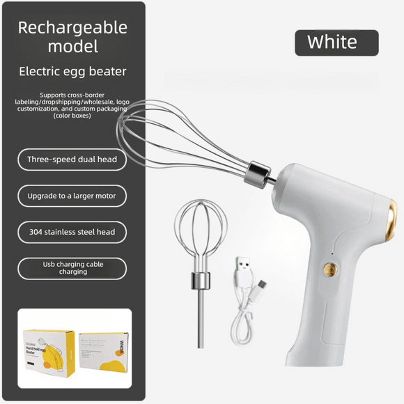 Cordless Electric Hand Mixer - Rechargeable 3 - Speed Egg Beater & Cream Whisk - Lightweight Self - Standing Design for Baking, Cake & Batter (White) - RnR Galore
