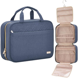 Dark Blue Large Capacity Hanging Toiletry Bag for Women(30.5 x 22.5 x 12 cm) - Checked Pattern Waterproof Cosmetic Organizer, Dry/Wet Separation & Multi - Compartment - RnR Galore