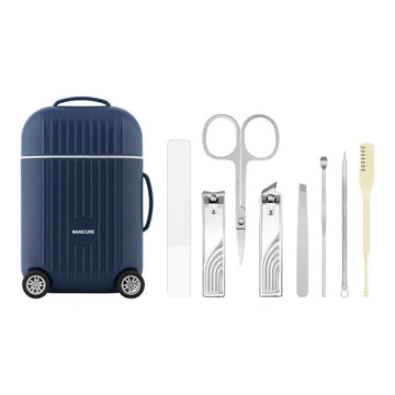 Dark Blue Mini Suitcase Manicure Set - 8 - Piece Portable Grooming & Nail Care Travel Kit - RnR Galore