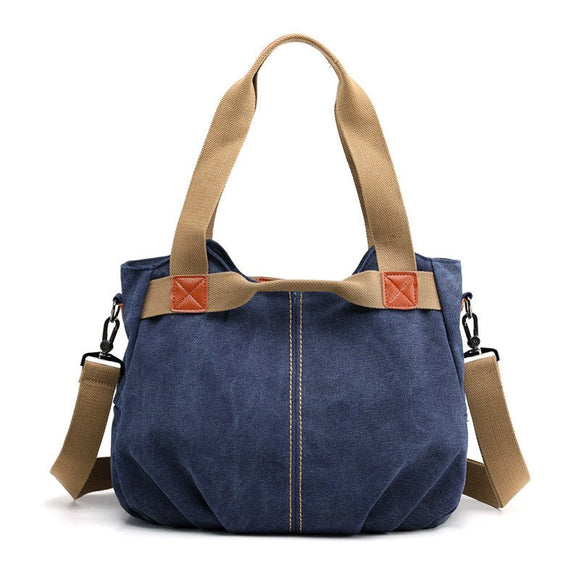 Dark Blue Women's Retro Canvas Tote Bag Large Capacity Shoulder Handbag Adjustable Crossbody Strap 35cm for Travel Work & Daily Use - RnR Galore